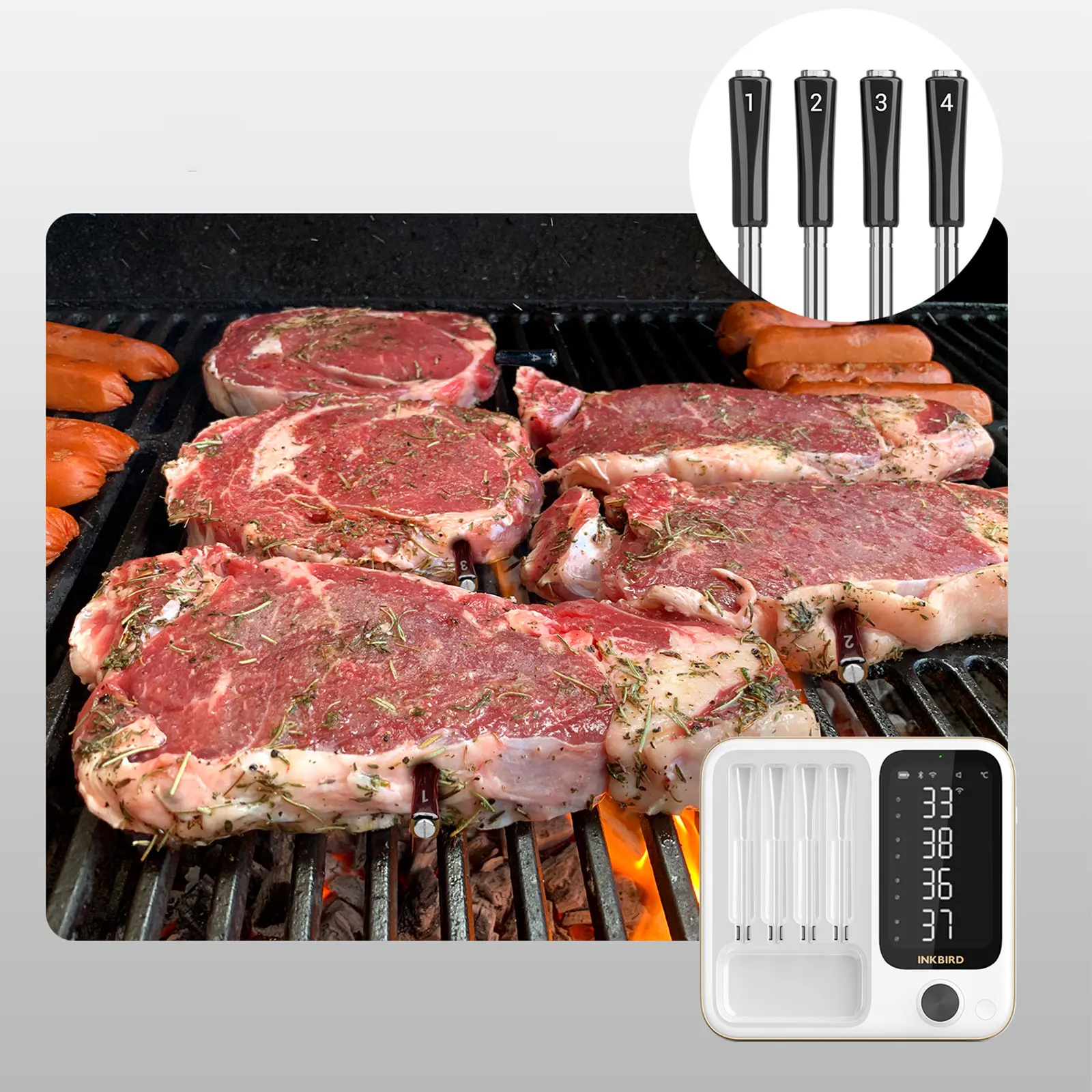 INKBIRD INT-14-BW WiFi Bluetooth Meat Thermometer 4 Probes Wireless Food Thermometer for Grill Oven Smoker with LCD Display