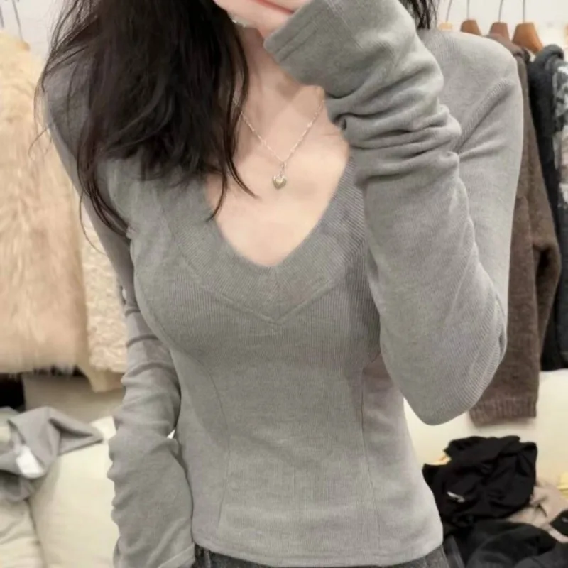 الكشمير حفرة قطاع الوجهين نحى الخامس الرقبة قاع قميص طويل الأكمام تي شيرت المرأة نقية شهوة نمط أعلى #5