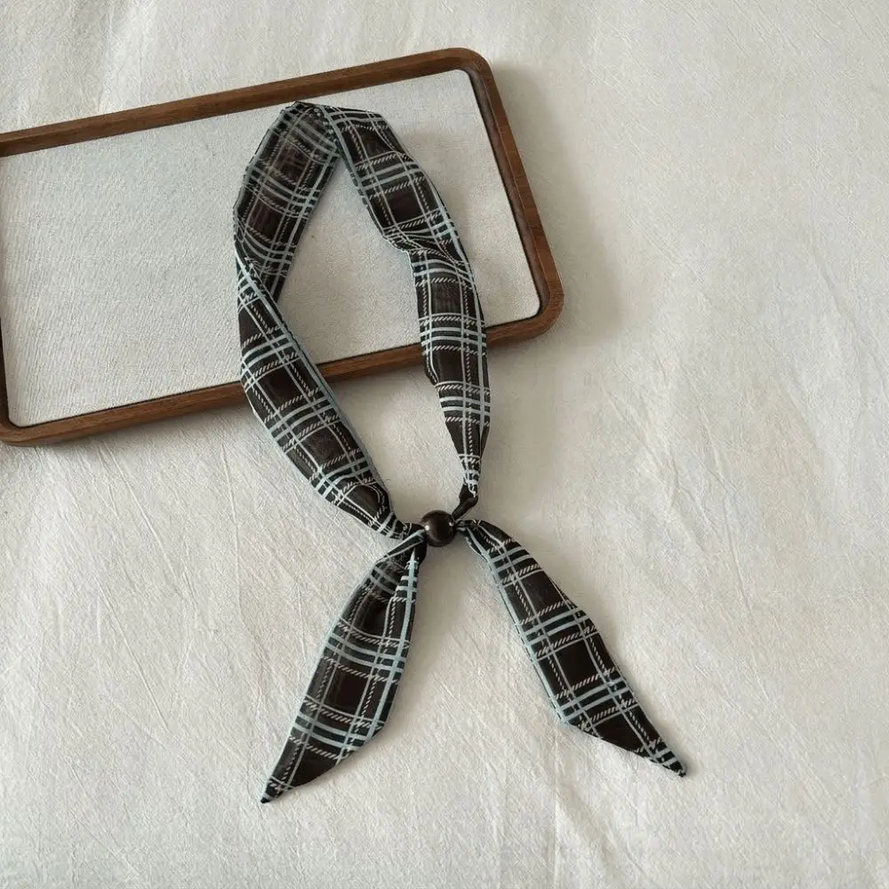 Fashion Vintage Thin Polka Dot Neckerchief Pearl Adjustable Silk Scarf Necklace Elegant Beads Collar Decor Daily