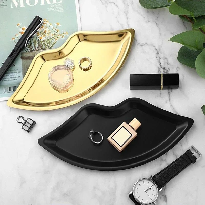 

Ins Style Stainless Steel Lip Shaped Jewelry Tray Home Cosmetics Metal Decoration Tray Female Jewelry Storage Tray Decorative