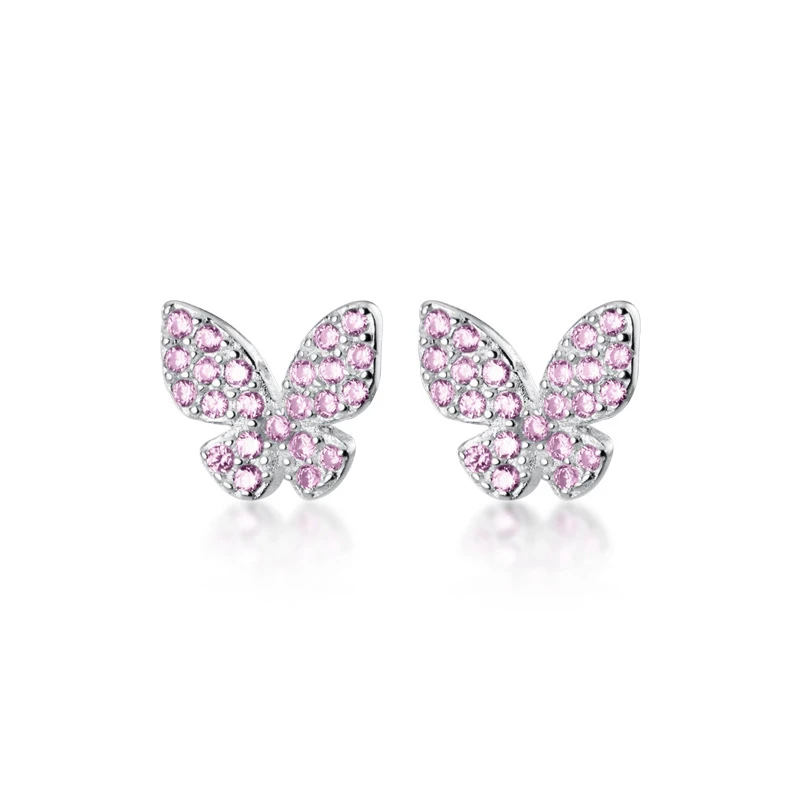 MODIAN Real 925 Sterling Silver Pink Crystals Cute Butterfly Stud Earring for Women Anti-Allergy Ear Pin Fine Jewelry Kids Gift