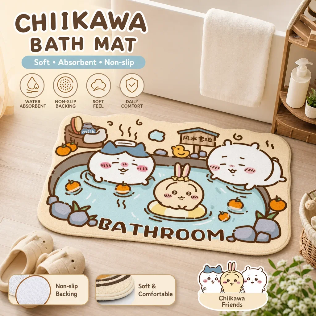 Chiikawa Cartoon Bathroom Doorway Anti Slip Washroom Foot Mat Soft Diatom Mud Bath Mat Water Absorbing Quick Dry Floor Rug