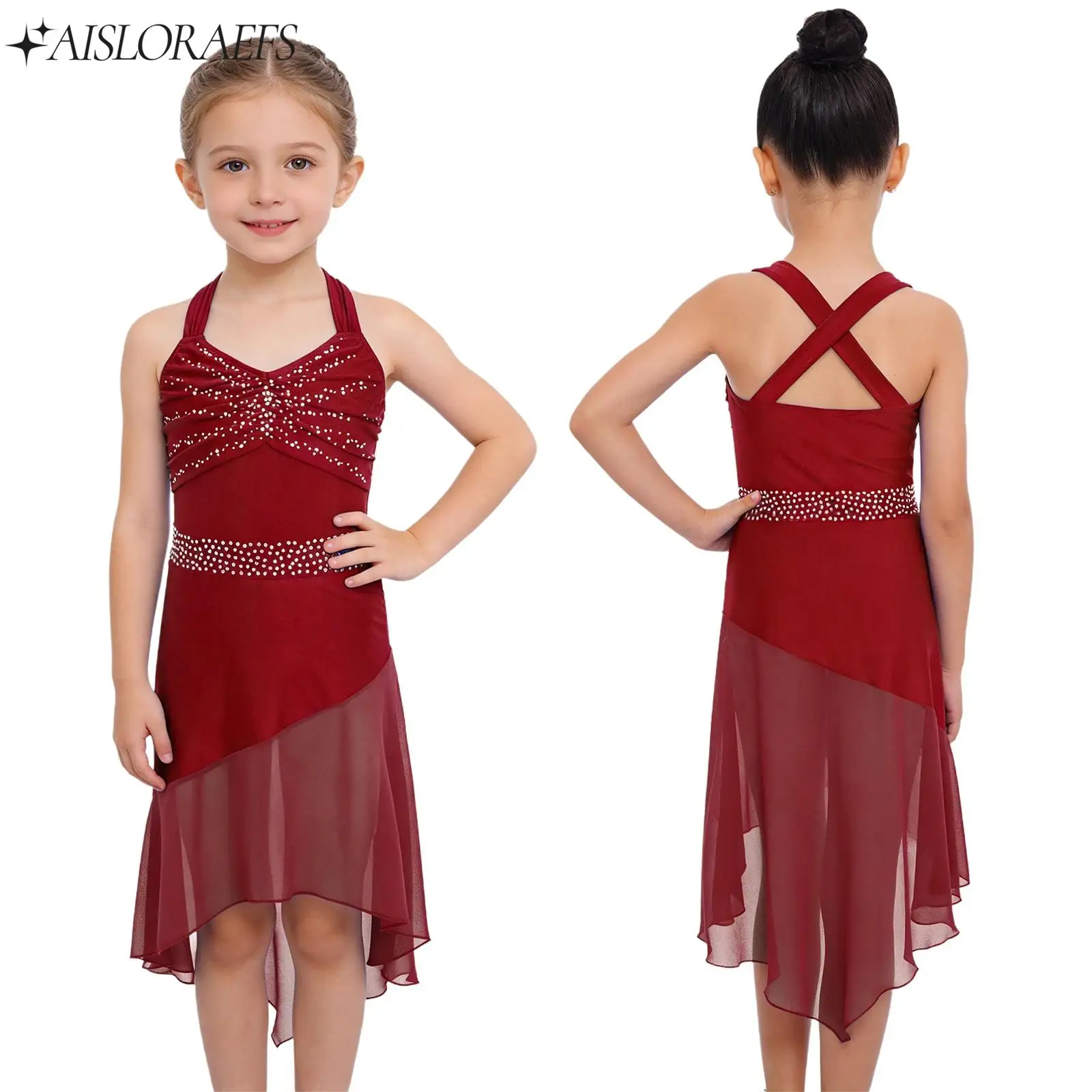 

Child Girls Latin Cha-cha Samba Salsa Dancing Costume Sleeveless Rhinestones High-Low Chiffon Hem Dress Performance Dancewear