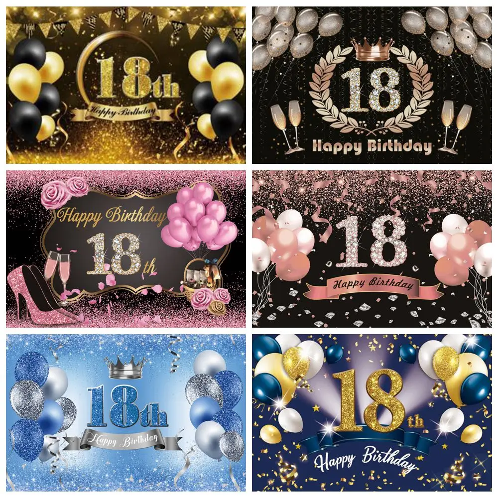 Happy 18th Birthday Backdrop Black Gold Pink Glitter Balloons 18 Years Old Party Customize Photography Background Decor Banner