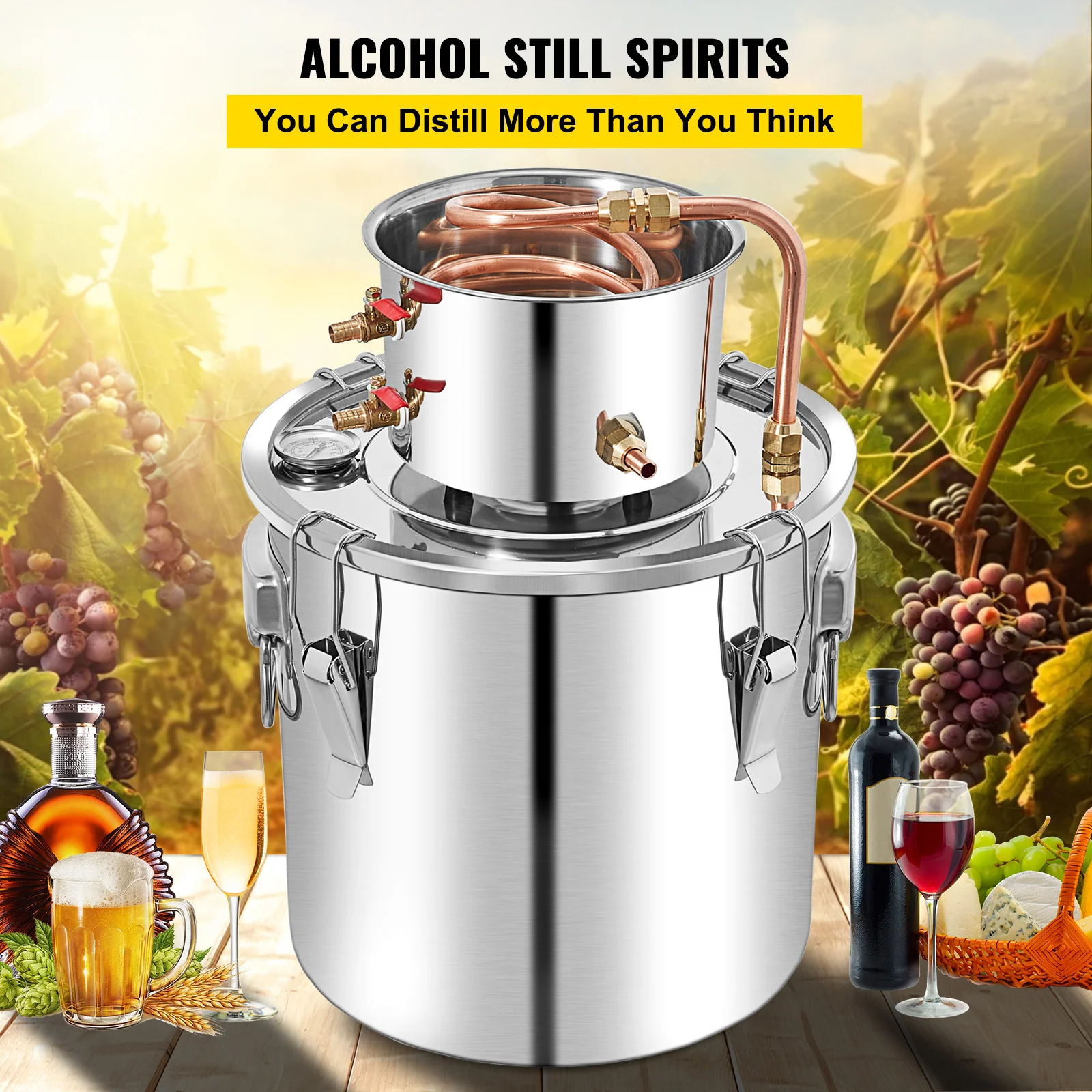 SucceBuy 50L Moonshine Ainda Destilador de Álcool com Bomba de Água de Cobre Inoxidável DIY Brew Ethanol Vinho Óleo Essencial Kit de Pregação