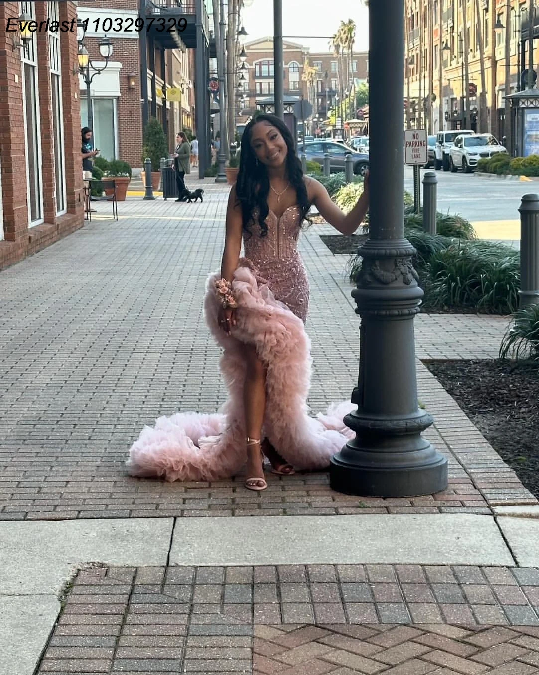 EVLAST Customized Rose Pink Ruffles Prom Dress For Black Girls Diamond Rhinestone Beaded High Slit Party Gala Gown TPD141