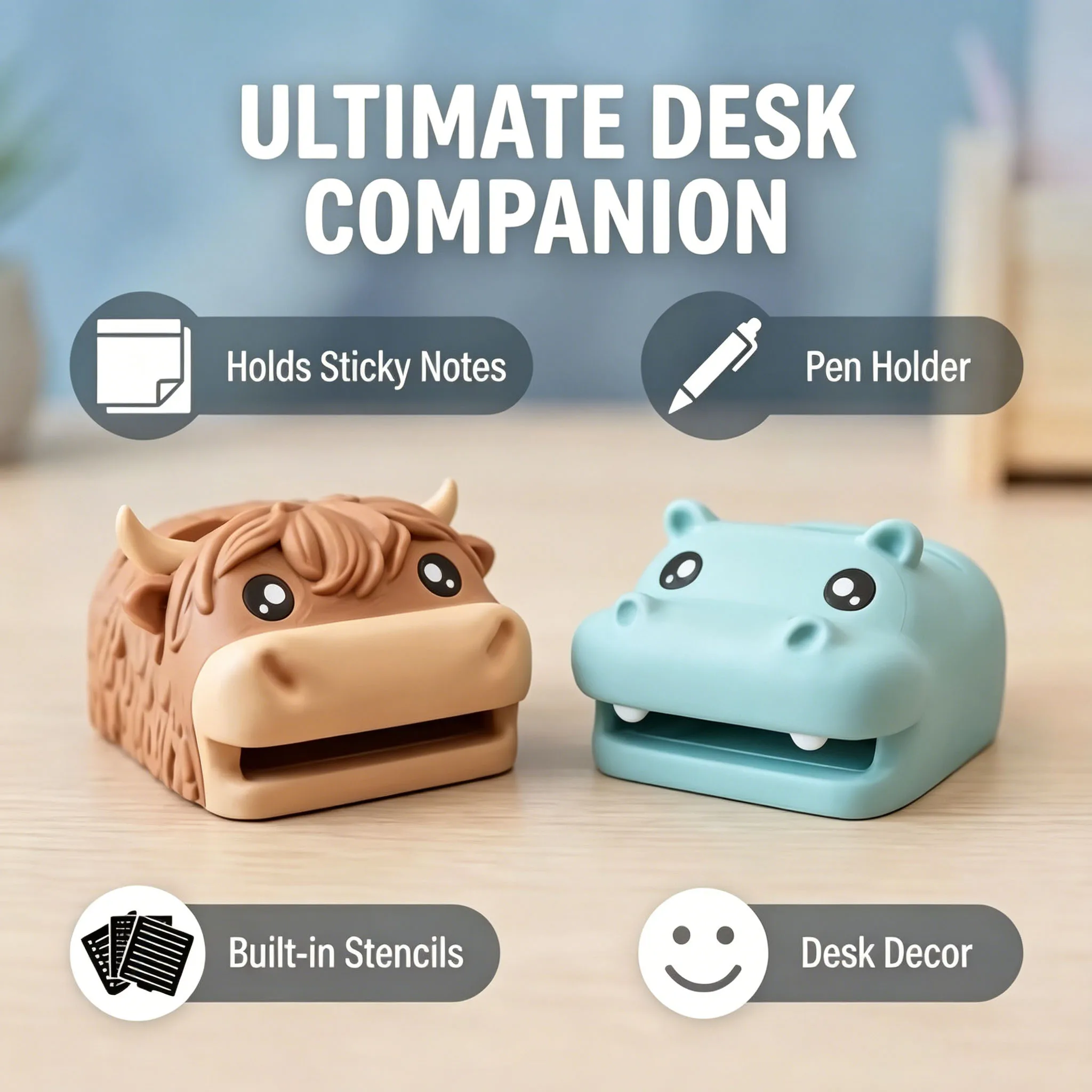 Highland Cow Note Holder,Sticky Holder and Dispenser with Stencil Set,Desk Hippo-Campus Organizer with Pen Holder and Photo Slot