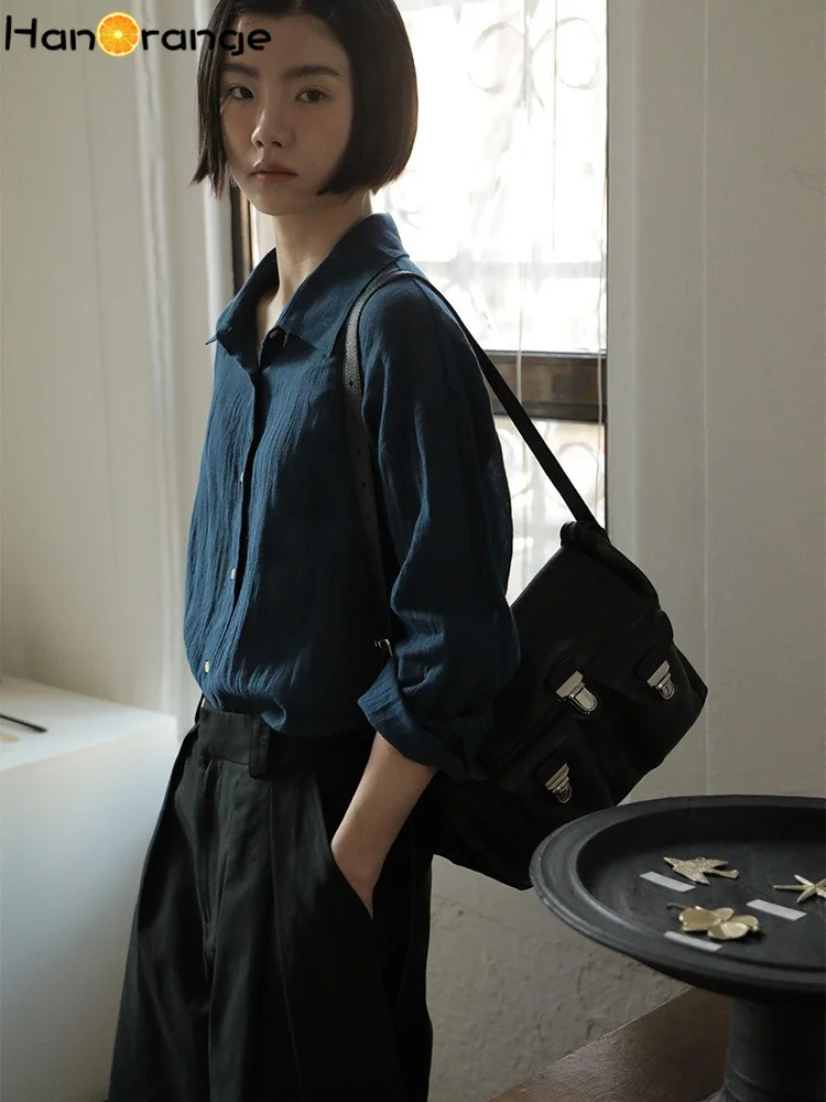 HanOrange 2025 Lightweight Silhouette Bamboo Knot Texture Shirt women Lyocell Linen Drape Breathable Top White/Blue