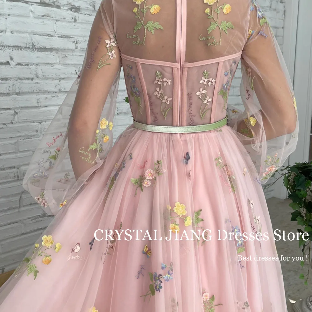 Customized Long Pink Prom Dresses O Neck Tulle Long Puffy Sleeves Lace Embroidery A Line Sweep Train فساتين للحفلات الراقصة