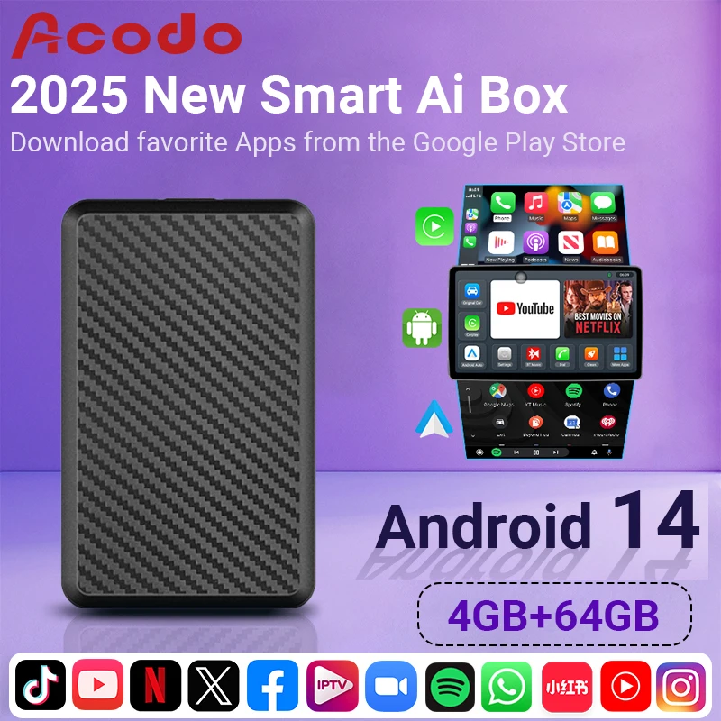 

Acodo New Android14 Wireless CarPlay and Android Auto 3in1 Quad Core 4GB+64GB Smart Box Built-in Apps For Youtube Nexflit Wifi