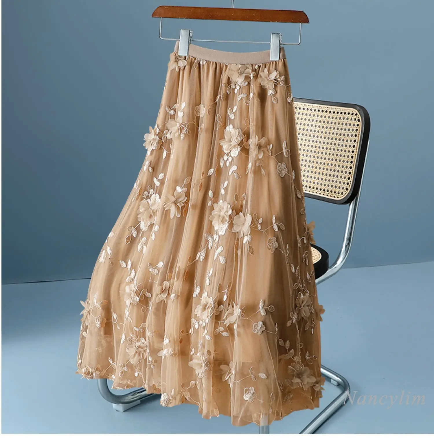 New High Waist Slimming Double-Layer Mesh Large Swing Three-Dimensional Flower Skirt Mid-Length Fairy Gauze Skirt for Women 2024