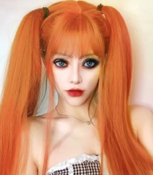 Woman Long Orange Straight  With Bangs Highlight Synthetic Costume Party wig