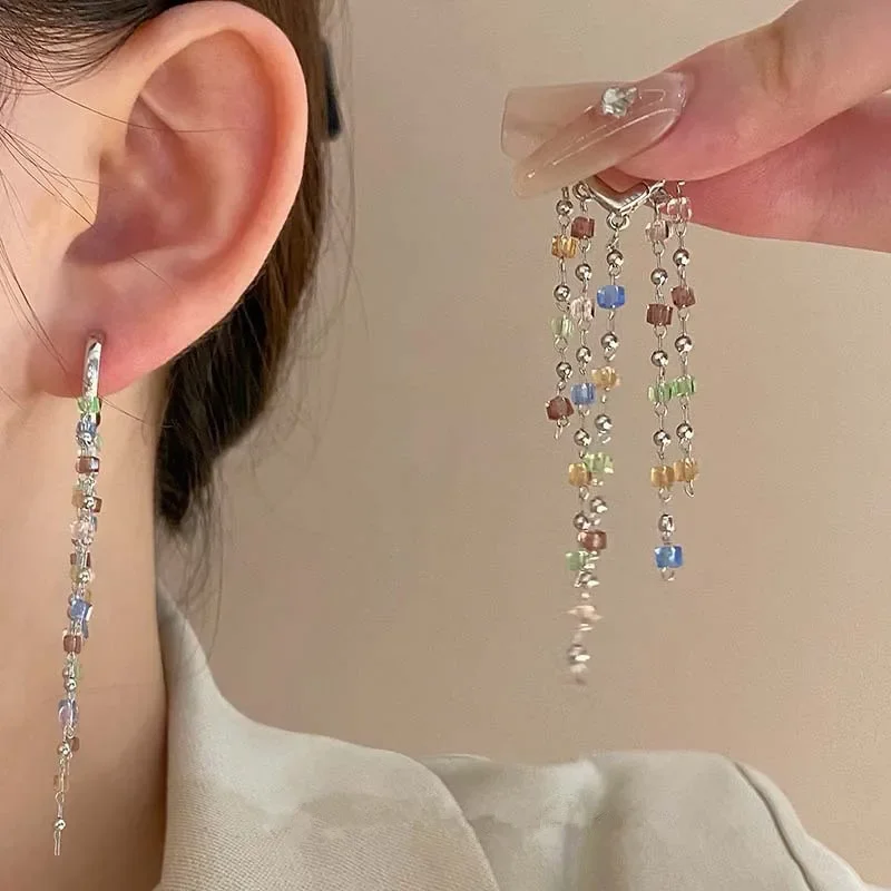 New Colorful Crystal Long Tassel Ear Clips for Women Cute Fashionable Daily Earrings Accessories Party Jewelry Birthday Gifts