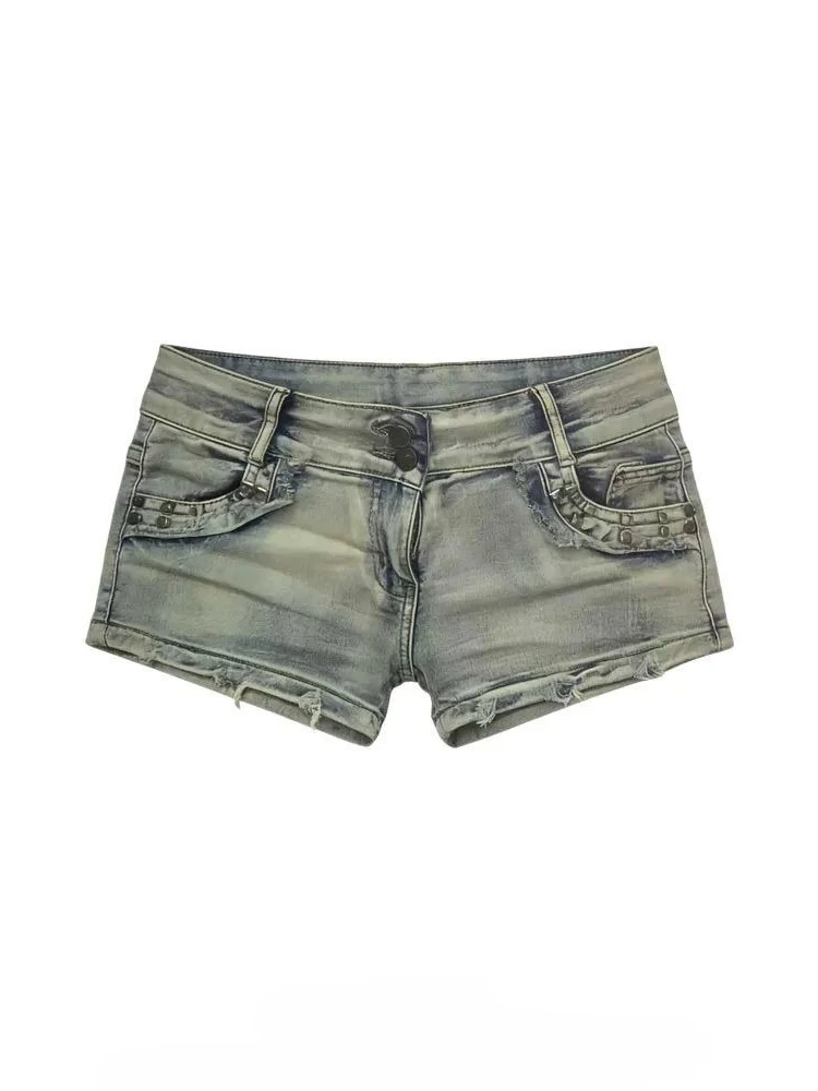 Summer Women's Pocket Rivet Design Retro Shorts Cool Girl Slim Distressed Pants Female Fashion Street Sexy Y2k Mini Trousers