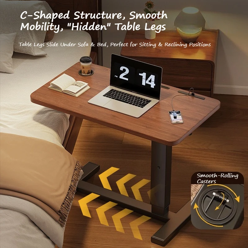 Height Adjustable C-Shaped Side Table with Wheels, Rolling Laptop Desk with Cup Holder, Mobile Bedside Sofa Table