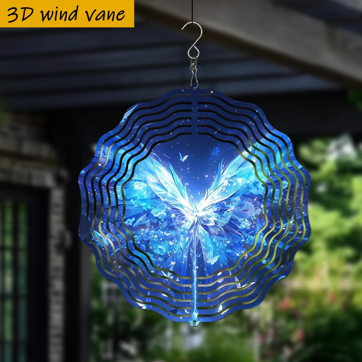 3D Blue Dream Butterfly Wind Spinner - 10 Inch Rainbow Metal Art with 360 Swivel Hook for Garden Balcony Spring Summer Gift
