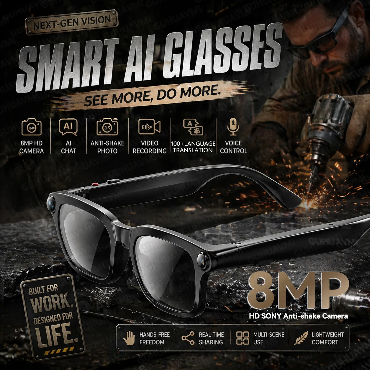 

New AI Smart Glasses 8MP HD Camera 1080P Video Recording Object Recognition Open-Ear Audio&Real-Time Translation Travel Glasses