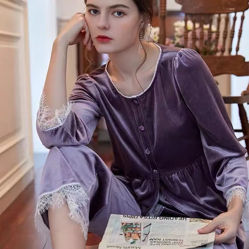 

Velour Lace Pajamas Set Women Pijamas Suit Autumn Winter Long Sleeve Sleepwear Lingerie Casual Velvet Nightsuits Home Clothes