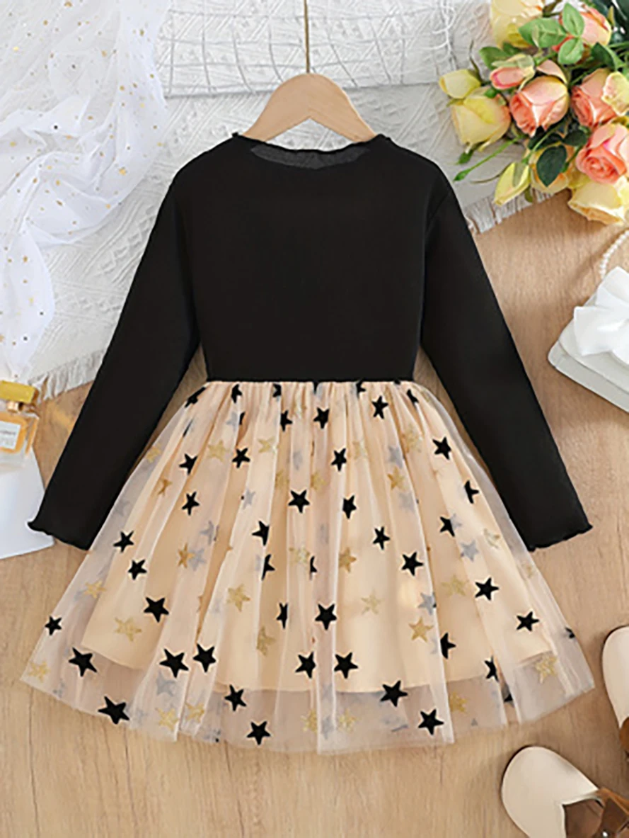 Girls' Long-sleeve Tulle Dress with Star Pattern, Black and Apricot Color Block, Princess Style Tutu Skirt for Spring and Autumn