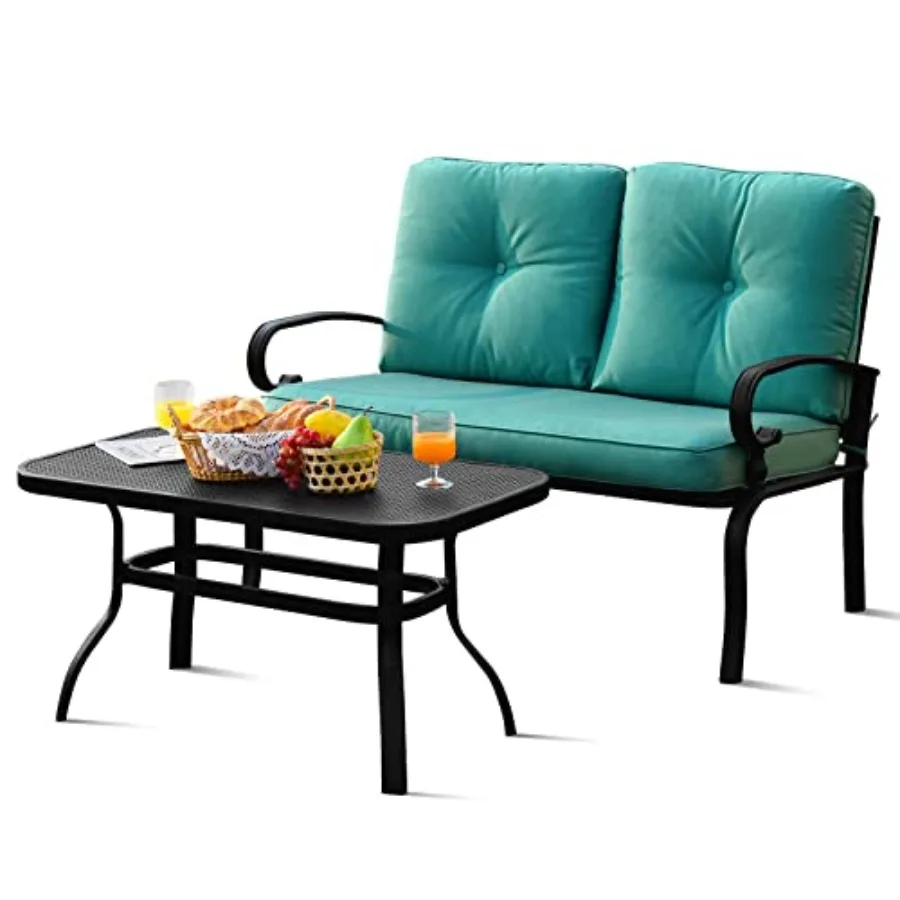 Sofá de Dos Plazas para Patio con Mesa, para Jardín y Piscina, Estructura Metálica Resistente a la Oxidación, Tapicería Acolchada Turquesa, Resistente a la Intemperie