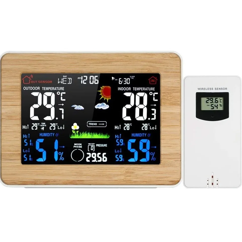 

Electronic color screen weather forecast clock black wave clock multifunctional electronic alarm clock RF wireless weather clock