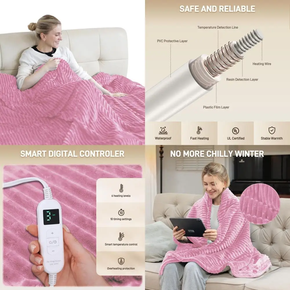 

King Size 100x90 Soft Flannel Electric Blanket with 10 Timers, 6 Heat Levels, Machine Washable, Overheat Protection - Pink