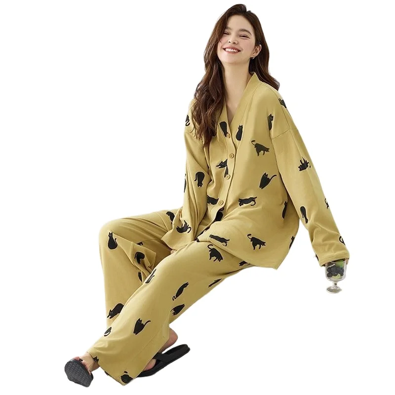 Sweet Girl Loungewear Spring and Autumn Cardigan Pajamas Set Casual Can Wear Long Sleeves Trousers  Internet Celebrity Hot Sell