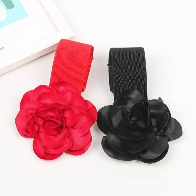 652F Flower Elastic Belt Flower Decorative Belt Wide Dress Waistband Stretchy Belt Flower Waist Belt For Dress Wide Belt