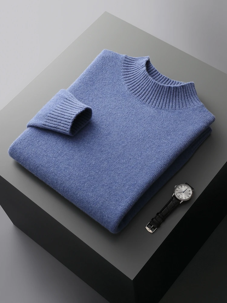 Autumn Winter Men Cashmere Sweater Mock Neck Long Sleeve Pullover Thick Basic Soft Warm Clothing 100% Merino Wool Knitwear Tops