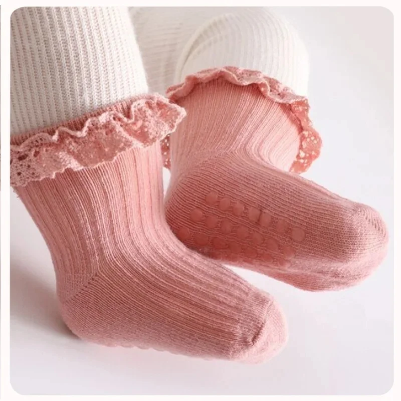 1/3/4/5 Pairs Cotton Pure Color Toddler Girl Lace Socks Infant Baby Girl Non-slip Socks Young Children Girl Cute Half Knee-socks