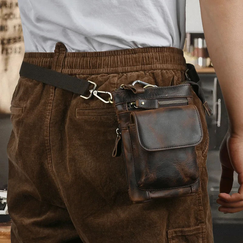 Genuine Leather Waist Bag Vintage Men Multi Function Portable Outdoor Casual Split Hook Wear Belt Crossbody High Quality Pouch