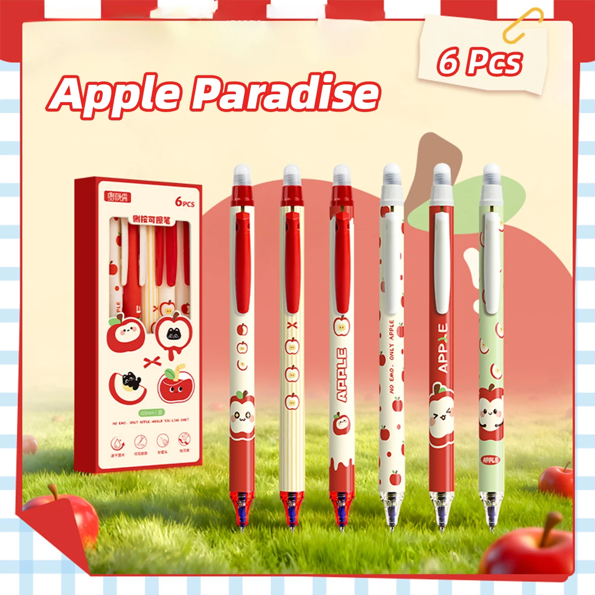 6pcs Cute Apple Pattern Erasable Pens, 0.5mm Fine Tip, Blue Ink, Smooth Writing, Ideal for Students, Classroom Notes, Gift Idea