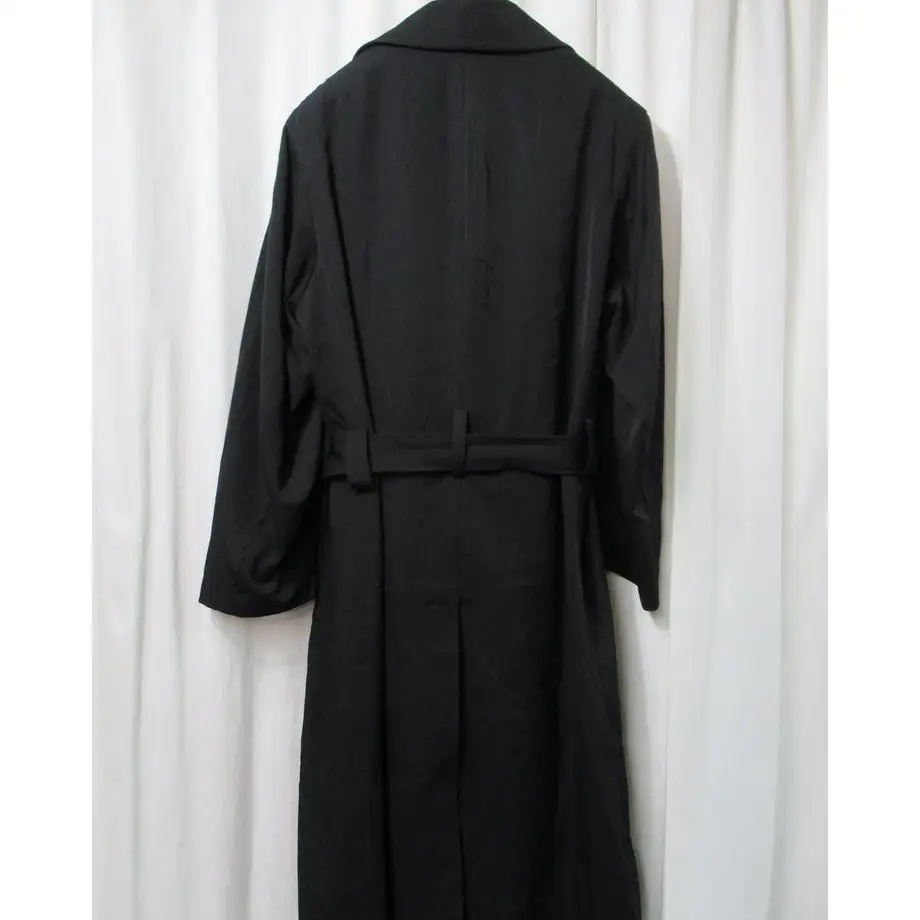 TOP-YAMAMOTO ® Simple black long trench coat for men, double-breasted lapel slim lace-up coat
