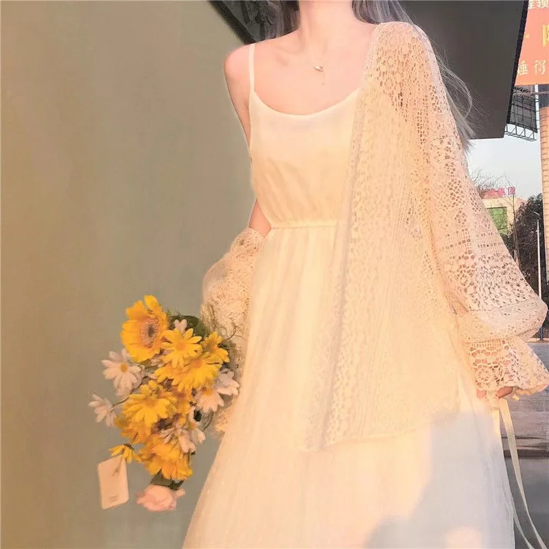 2024 New Summer Sweet Thin Sunscreen Cardigan Cute Girl Slouchy Lace Cutout Long Sleeve Blouse Simple Solid Color Shawl Jacket