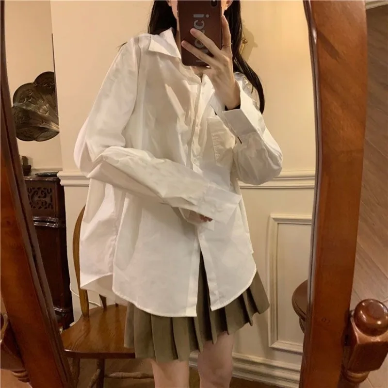 Camisas brancas femininas único breasted manga longa turn down collar senhora do escritório estilo coreano moda casual solta all-match simples