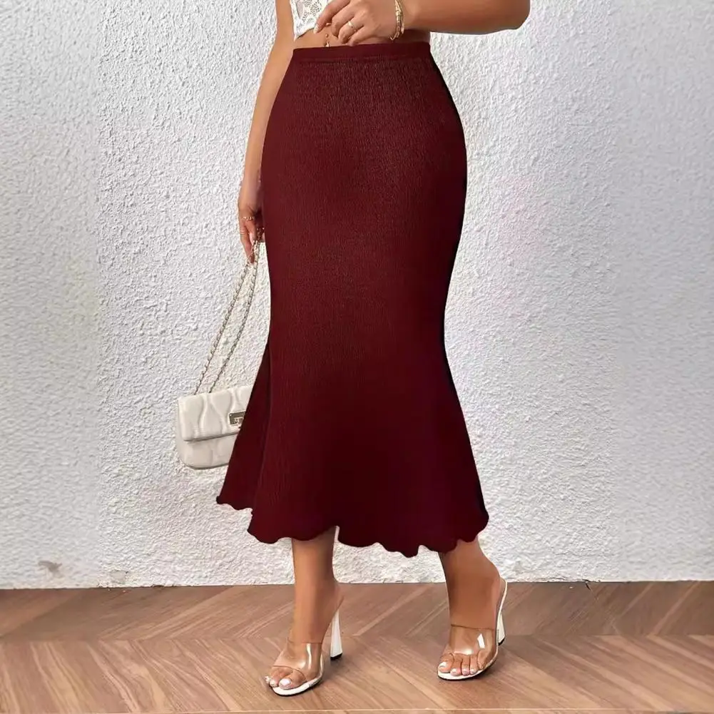 Fishtail Skirt High Waist Hip Wrapped Solid Color Knitting Skirt Mid-calf Length Slim Fit Midi Skirt Daily Wear