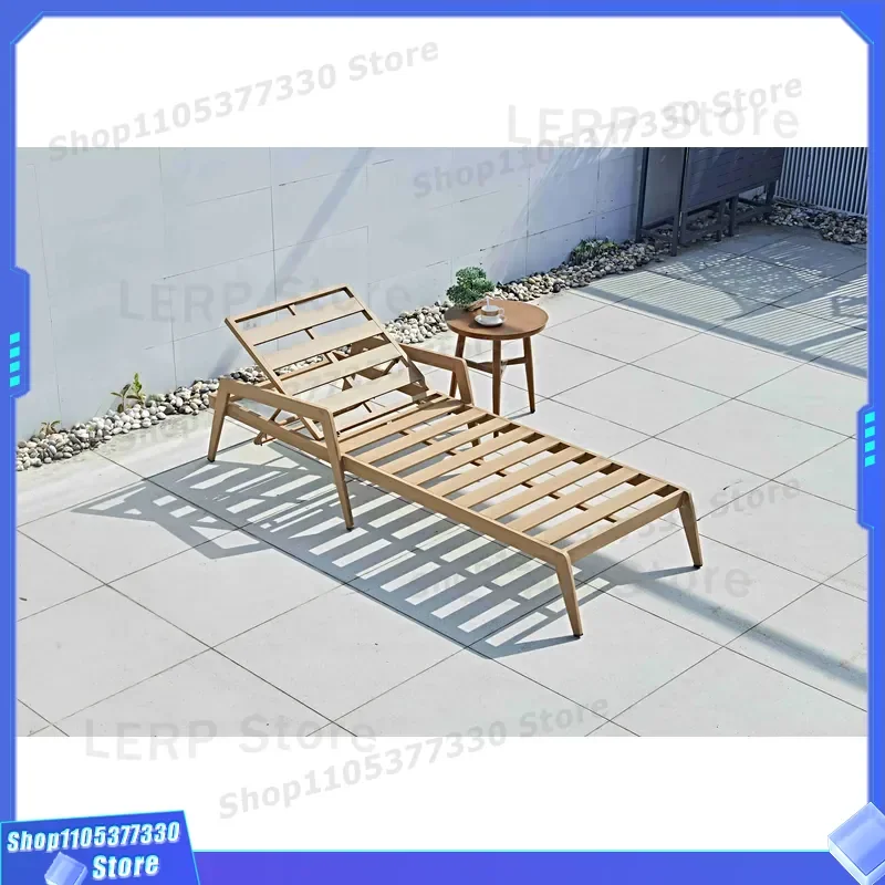 Wood Grain Aluminum Sun Lounger with Cushion for Beach Poolside Outdoor Relaxation Weathering Resistant Patio Furniture for