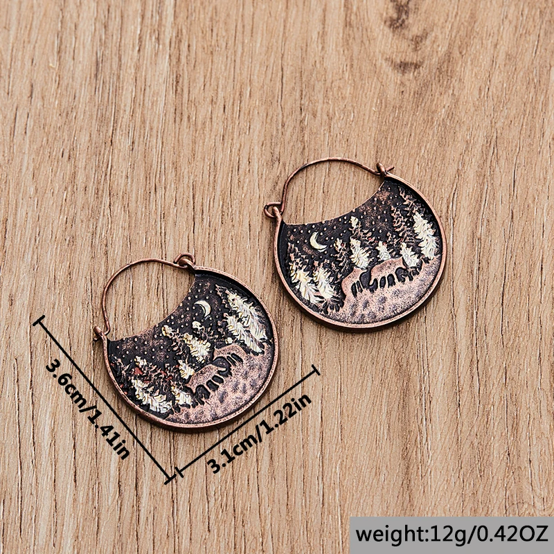 Vintage Night Forest and Wolf Earrings For Women Classic Round Bronze Earrings Ladies Jewelry