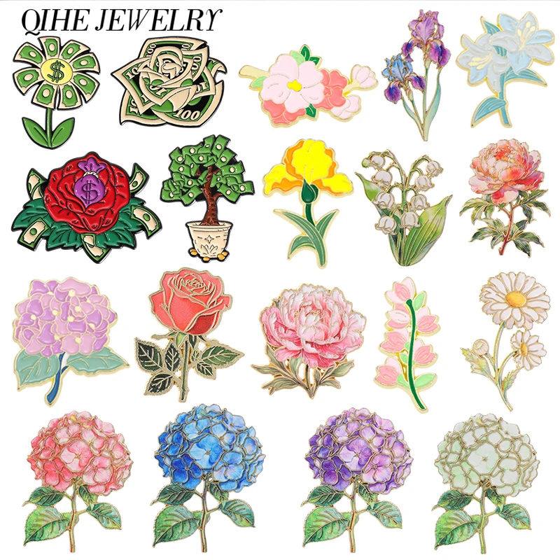 Fashion Floral Chest Flower Badge Enamel Pin US Dollar Flower Hydrangea Peony Lily Floral Brooch Decor Coat Bag Brooch Accessory