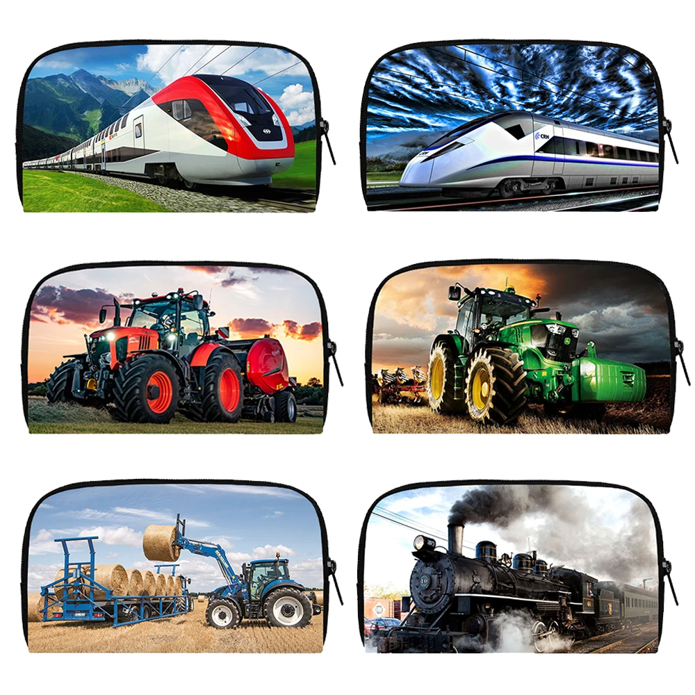 Farm Tractor / High Speed Rail Train Print Wallet Locomotive Excavator Pattern Credit Card Earphone Money Holder Bag Mini Purse