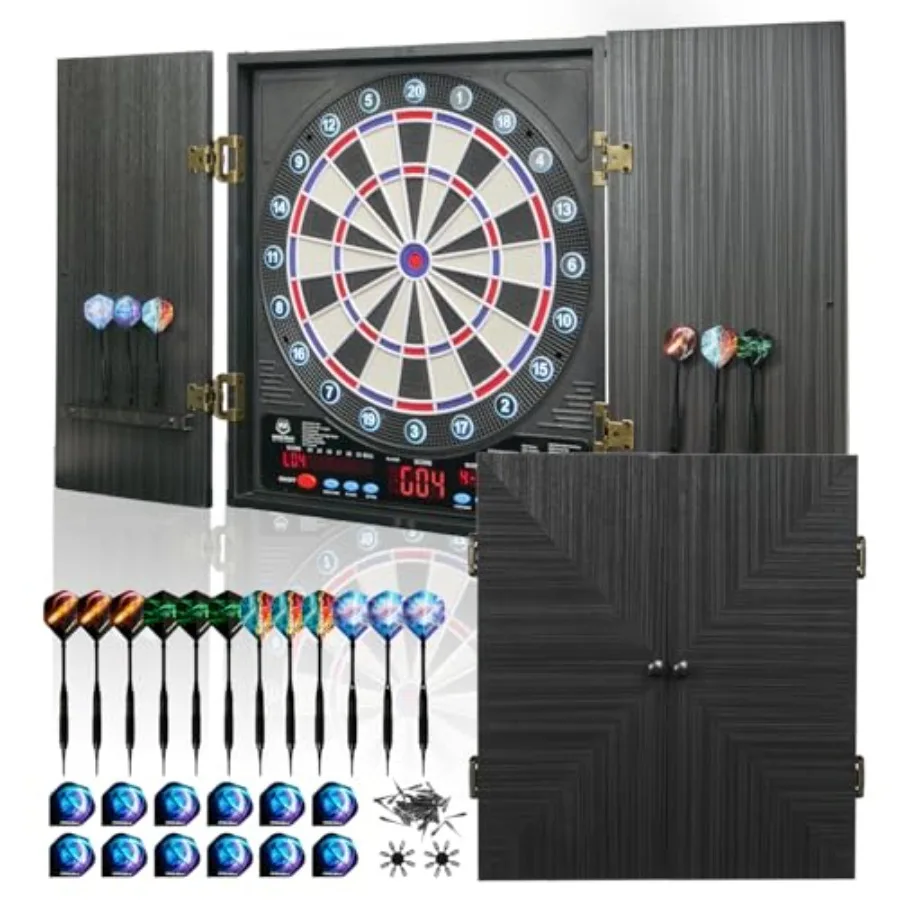 

Electronic Dart Board for family game rooms, MDF cabinet, black, includes 12 soft tip darts and built-in scoring system
