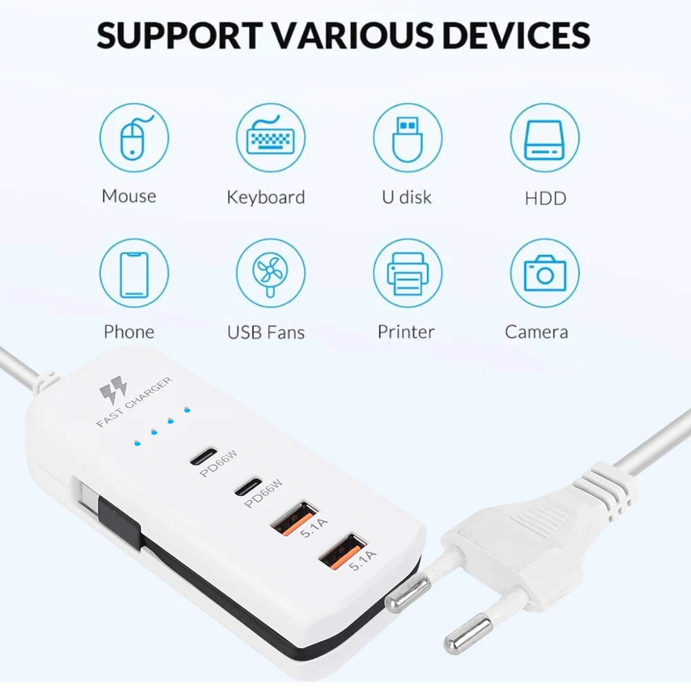 66W 4 Ports USB PD Mobile Phone Chargers Socket Type C High-speed Charging Extension Cable Cord QC3.0 Adapter with EU/US Plugs