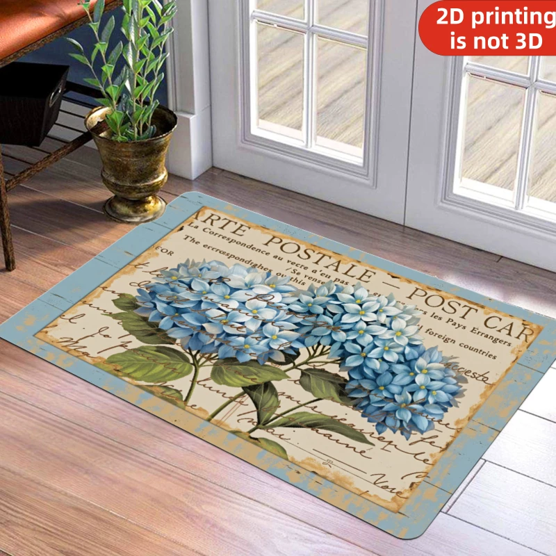 Decorative Vintage French Postcard Doormat Welcome Mat Floral Hydrangea Design Entrance Rug for Porch Hallway Boho Cottagecore P