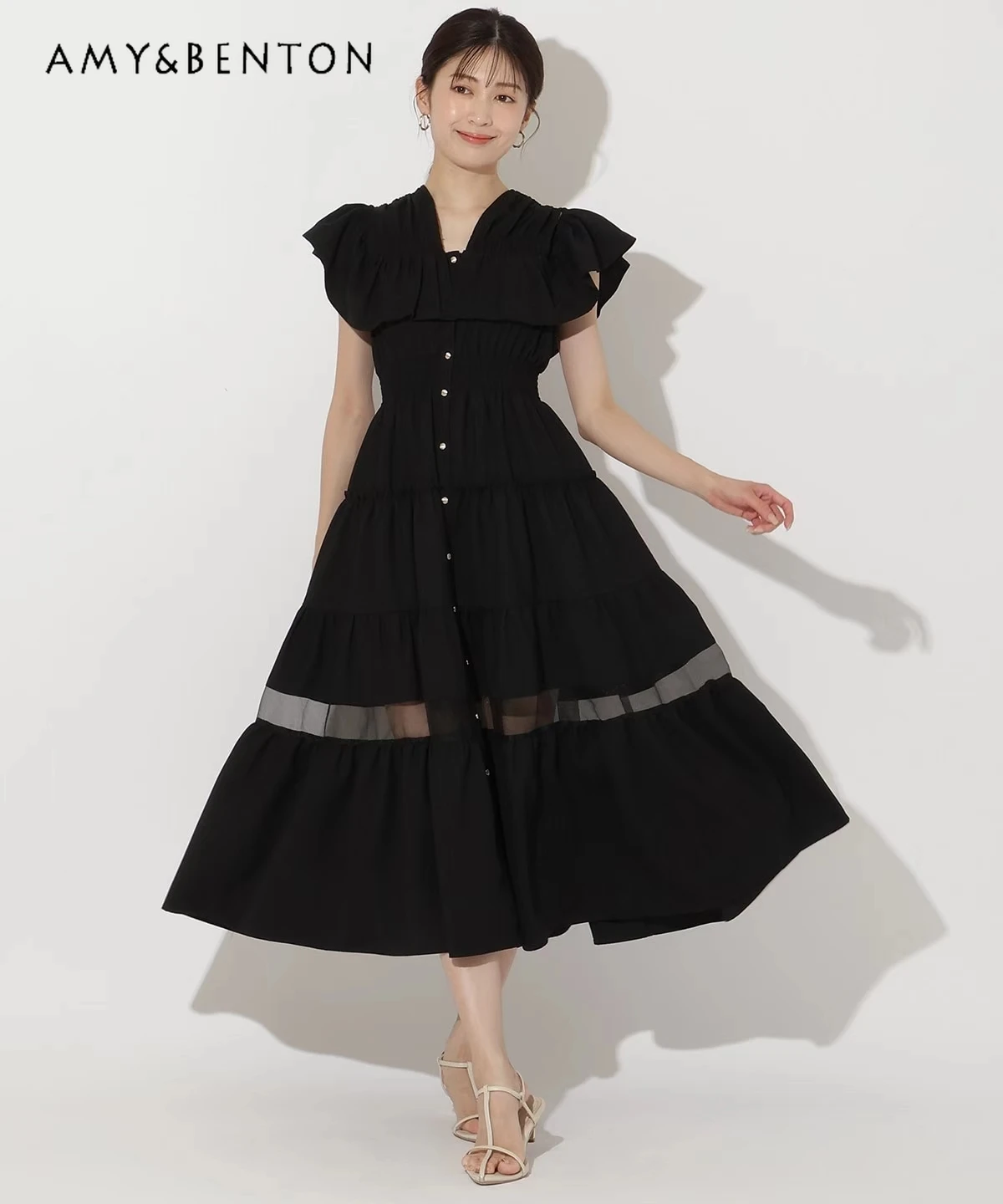 

Commute Style Elegant Retro Off-Shoulder Flying Sleeves Ruffled Mid-Length Dress Summer Thin Mesh Slim Patchwork A-line Dresses