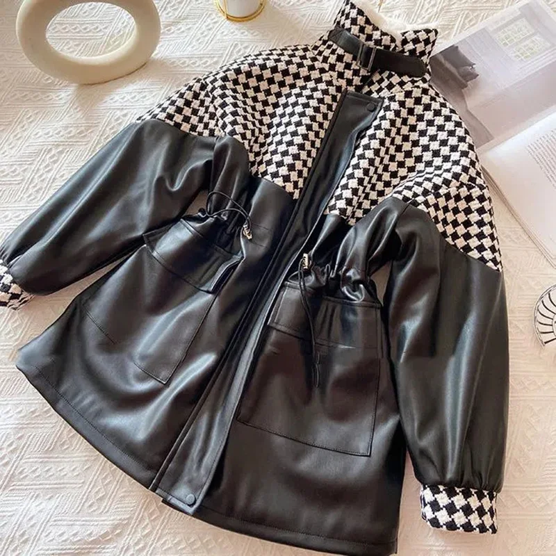 Down Cotton Jacket Womens 2023 Winter Fashion Slim Pu Leather Coat Female Long Plus Velvet Thick Stitching Checkerboard Parkas