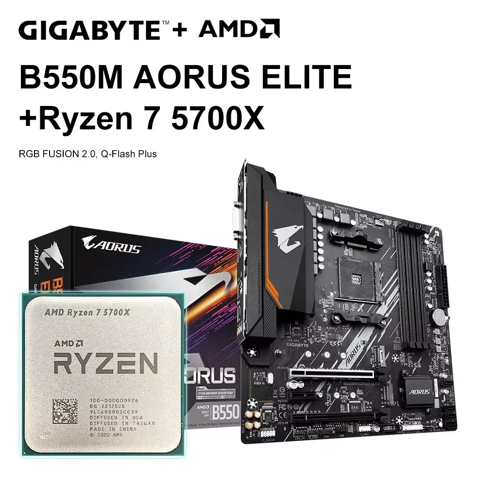 AMD Ryzen 7 5700X + GIGABYTE B550M AORUS ELITE Motherboard Set R7 5700X CPU Processor DDR4 128GB Socket AM4 M.2 SATA 4000(OC)MHz