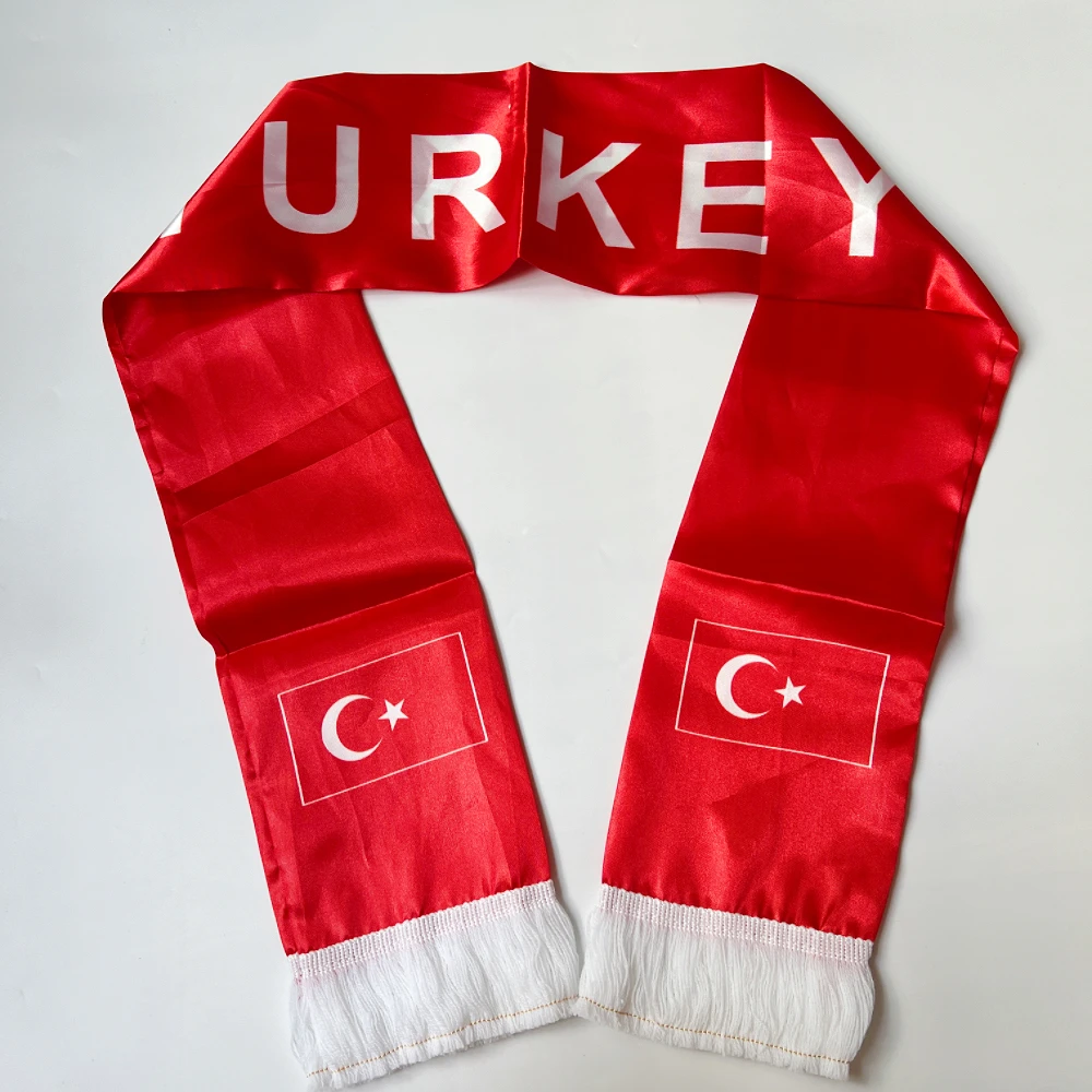 2026Turkey Scarf 14x135cm Double-sided Printed Satin Türkiye Flag Scarf Tassels Suitable for Football cup, Sports, Events026