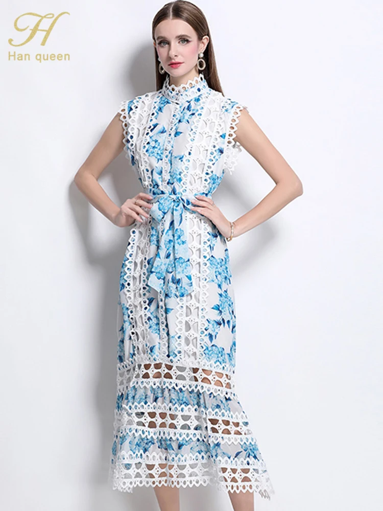 

H Han Queen 2025 New Hollow Out Print Summer Dresses Ladies Single Breasted Elegant Fashion Loose Midi Office Party Casual Dress