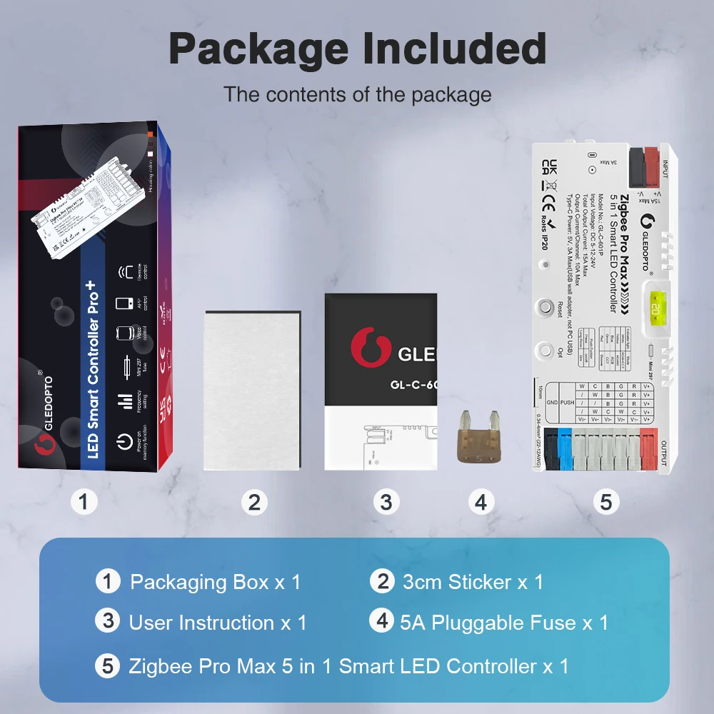 GL-C-601P  ZigBee 3.0 Pro Max 5 in 1 LED Controller RGBCCT RGBW RGB CCT Dim Light Mix 20A Pluggable Fuse App Voice GLEDOPTO