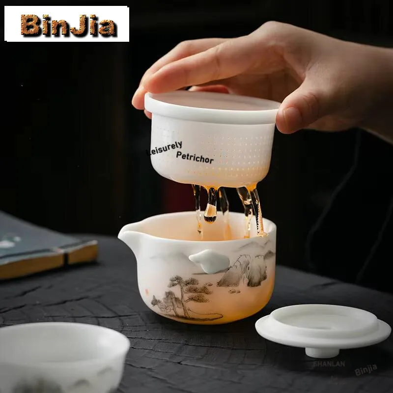 Jade Porcelain Portable Travel Tea Set Handpainted Auspicious Clouds Boutique 1 Pot Cup Leather Bag Making Crafts Collection